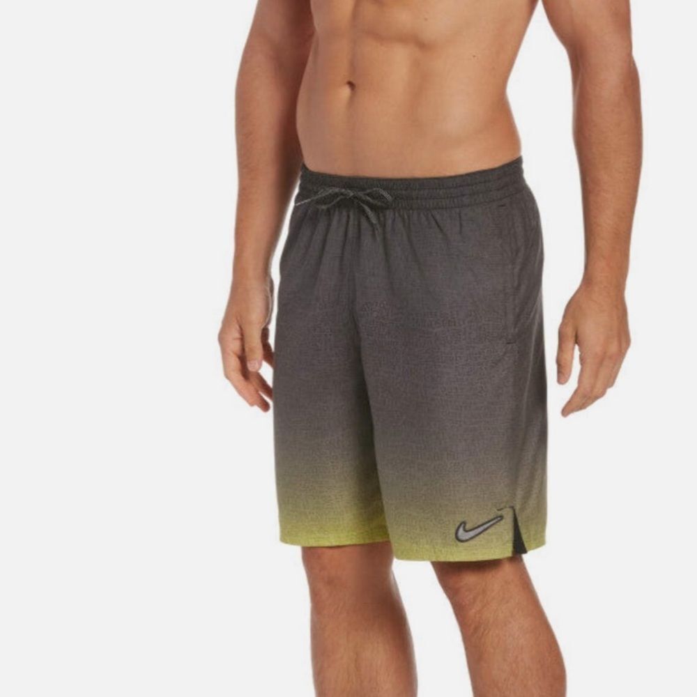 Nike Swim Men's Jdi Fade Grey 9" Volley Shorts Atomic Green Logo Trunks Small